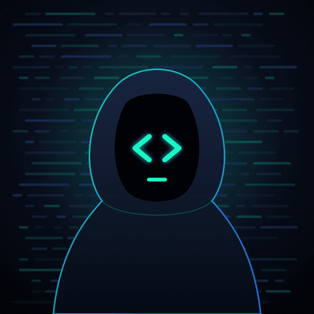 Illustration of a hooded figure with teal code brackets for eyes
